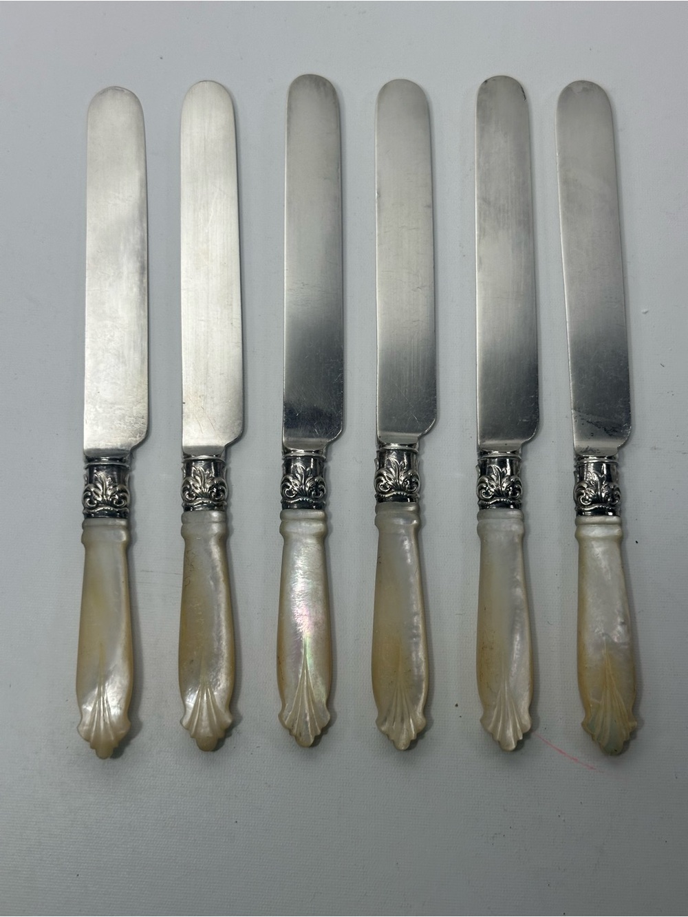 Antique William Batt & Sons Set of 6 Mother-of-Pearl Dessert Knives Silver Blade